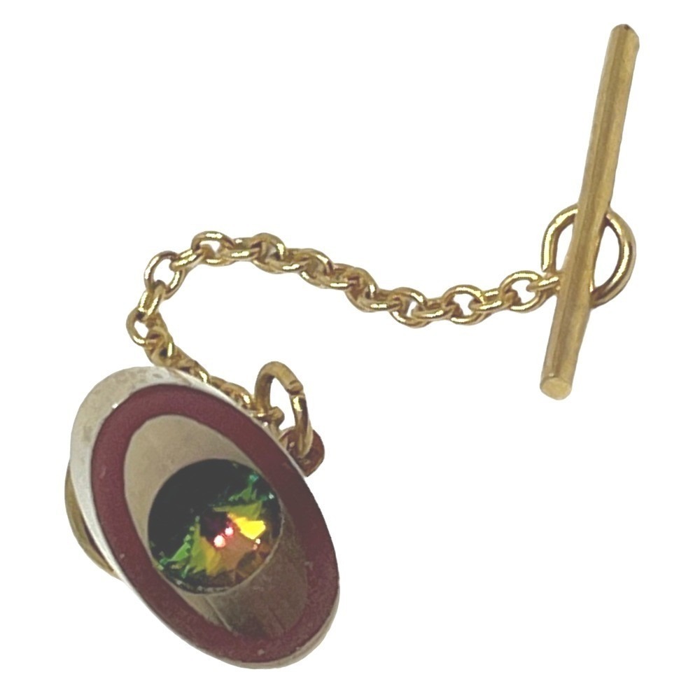 Vintage Mens Sarah Coventry Tie Tack Gold Tone Iridescent Green Pink Stone Lapel